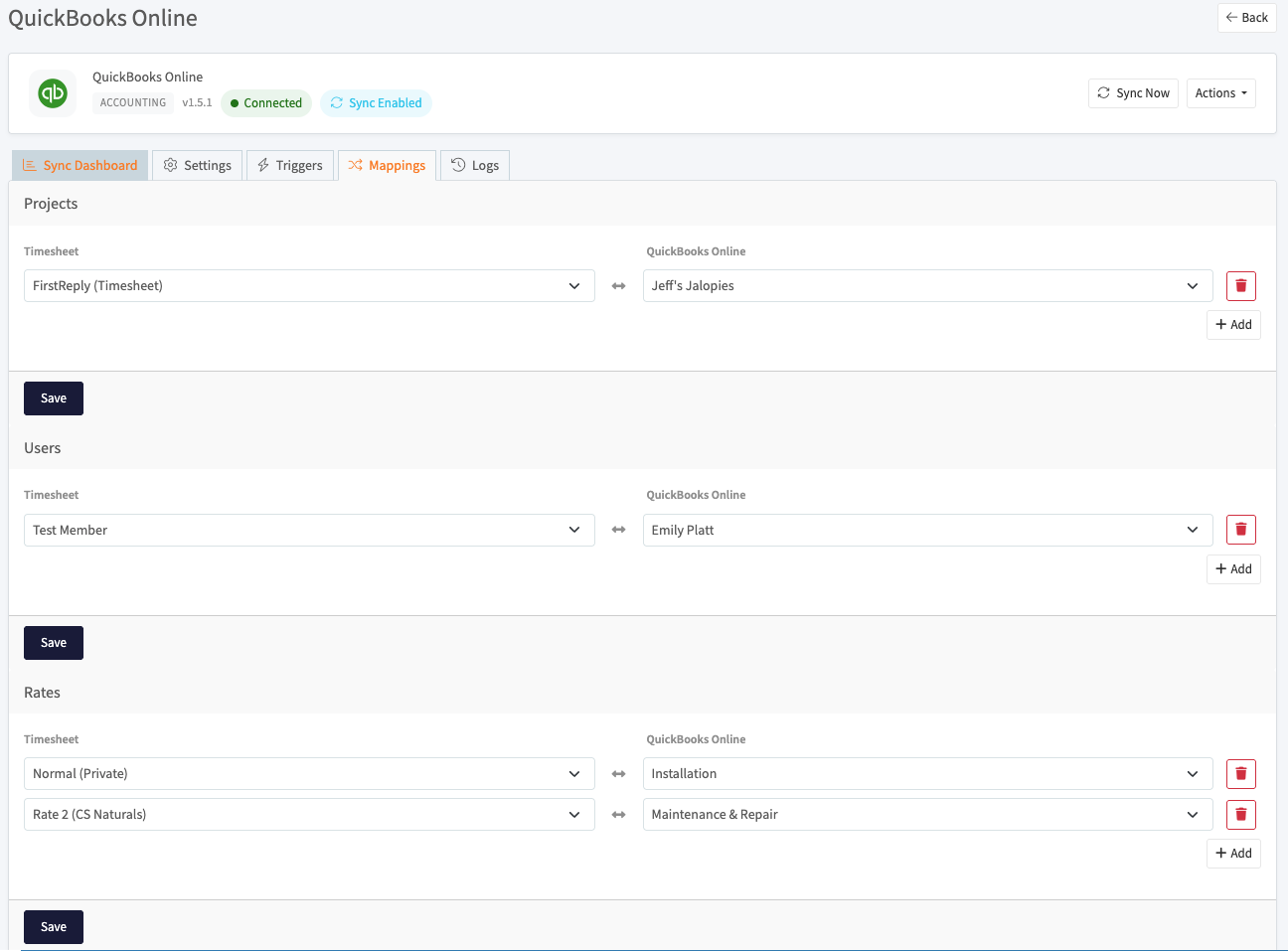 Mapping Timesheet projects, users, and rates to QuickBooks
