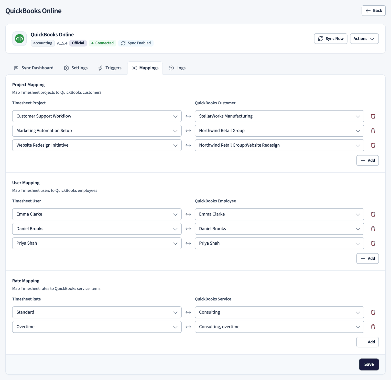 Mapping Timesheet projects, users, and rates to QuickBooks