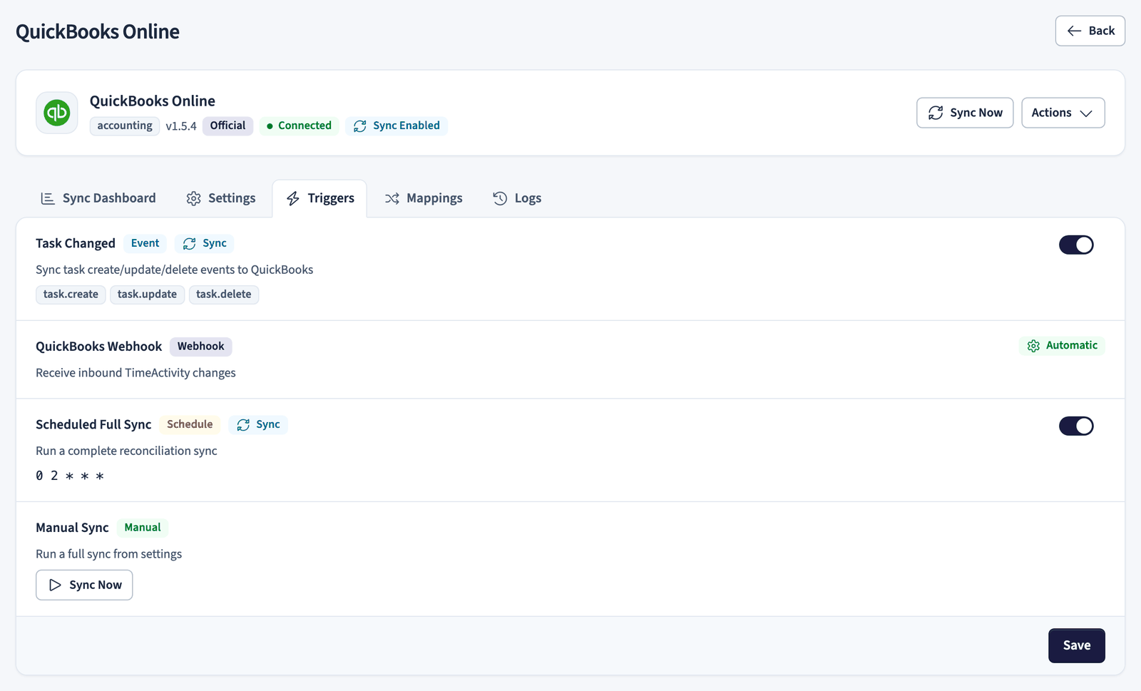 QuickBooks sync trigger settings with automatic and manual sync options