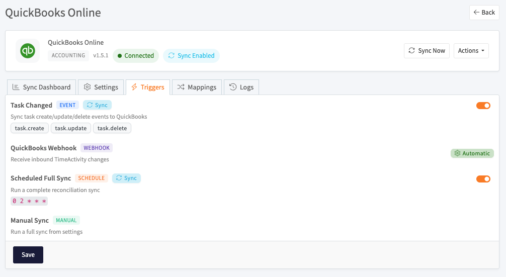 QuickBooks sync triggers