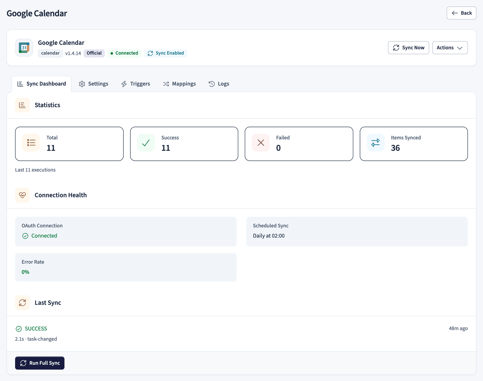 Google Calendar integration with its sync dashboard