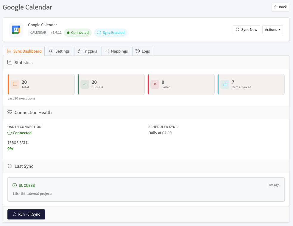 Google Calendar integration with its sync dashboard