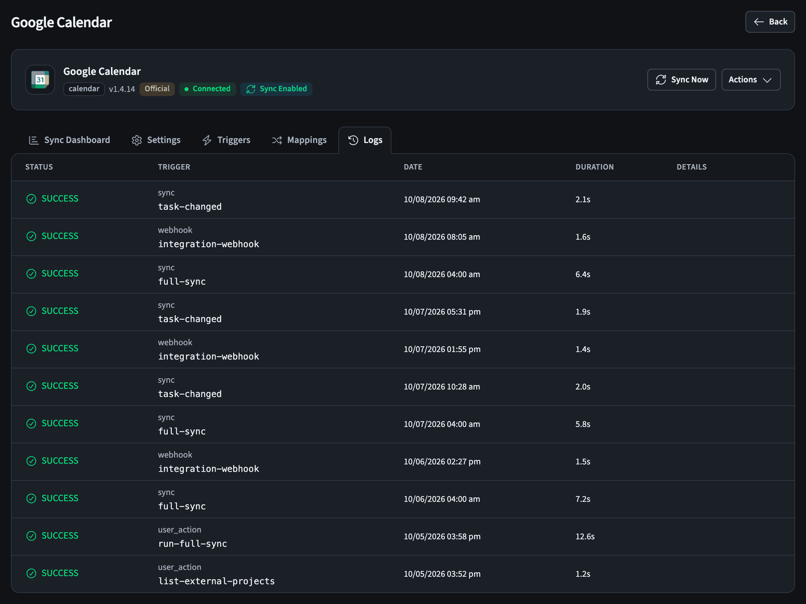Google Calendar sync log listing each run with its status, trigger, date, and duration