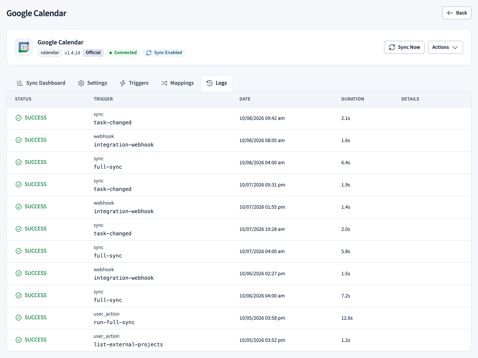 Google Calendar sync log listing each run with its status, trigger, date, and duration