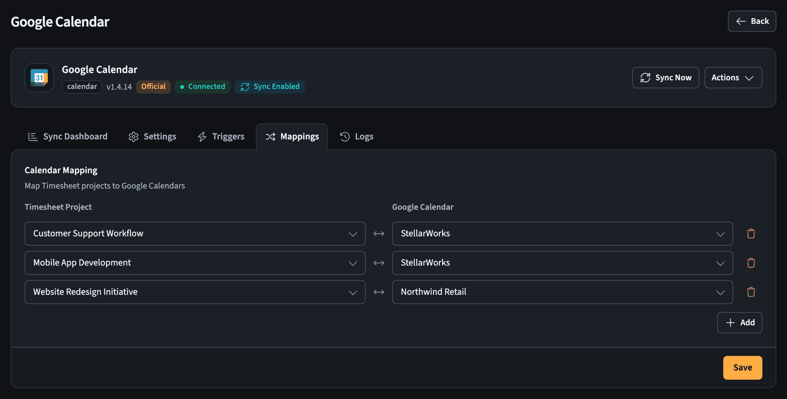 Mapping Timesheet projects to Google calendars