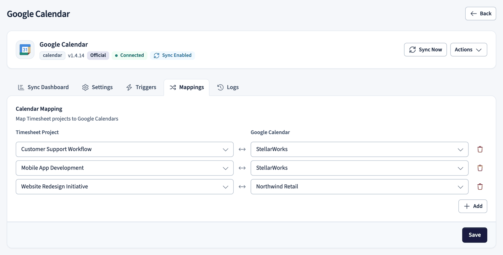 Mapping Timesheet projects to Google calendars