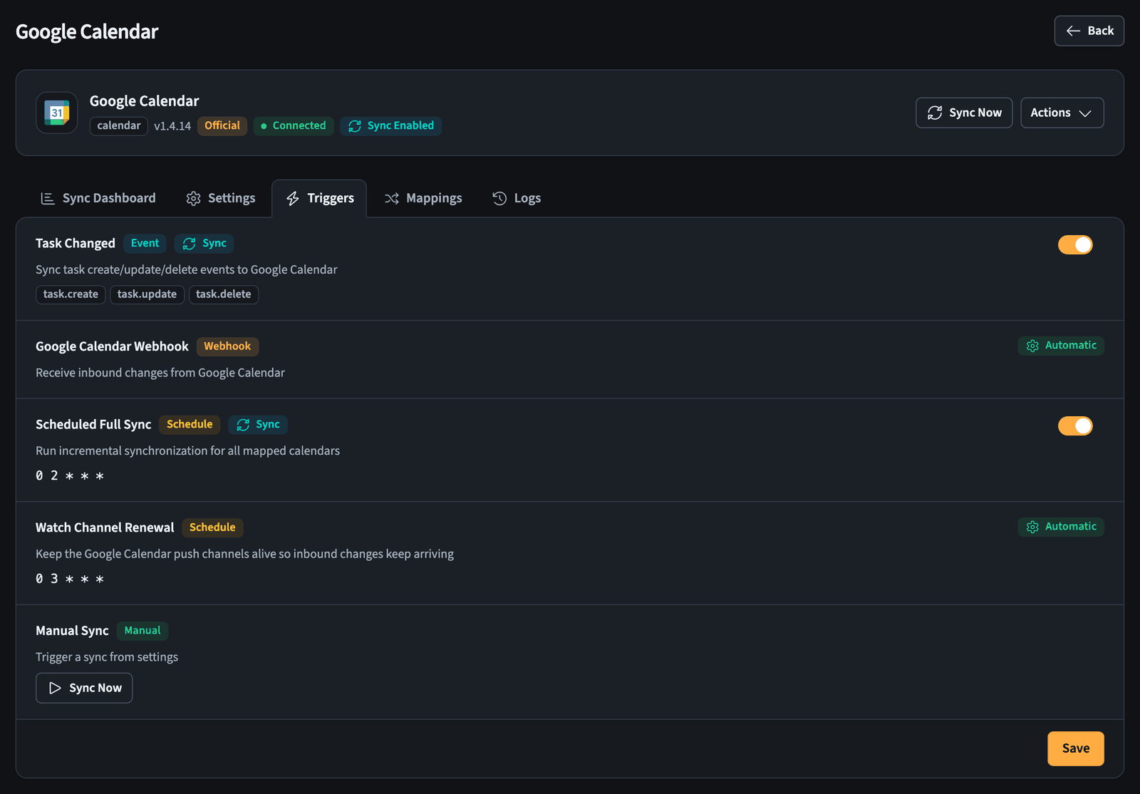 Sync triggers for Google Calendar