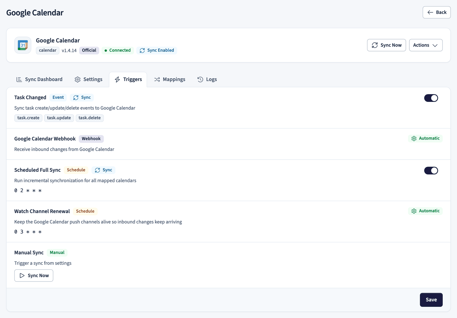 Sync triggers for Google Calendar