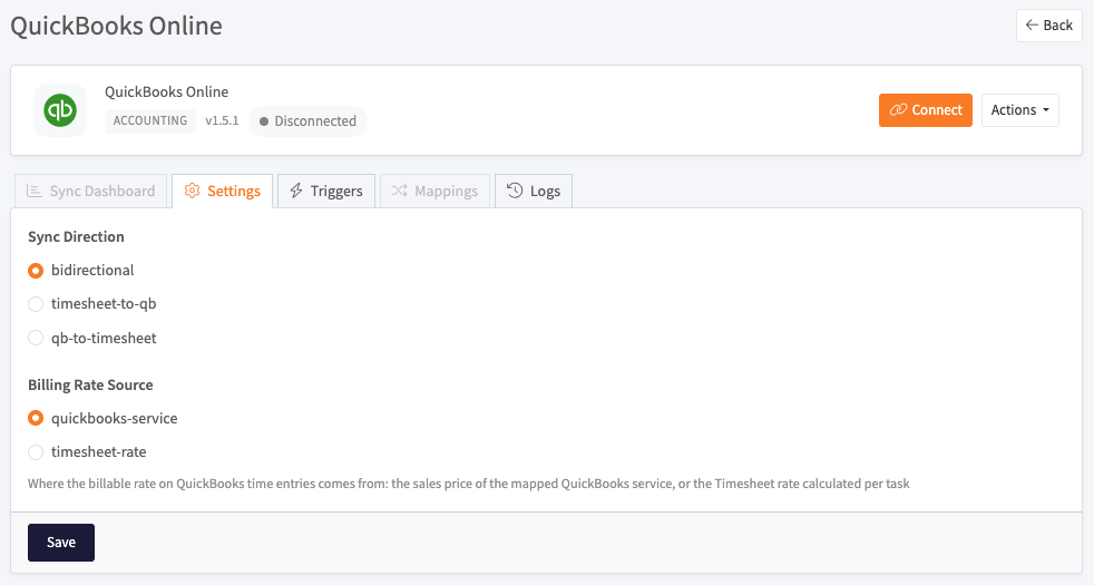QuickBooks settings with sync direction and billing rate source