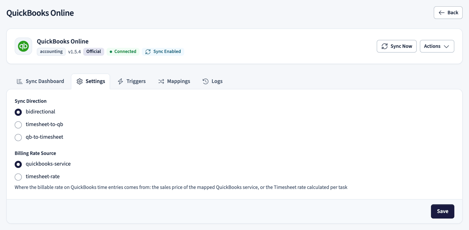 QuickBooks settings with sync direction and billing rate source