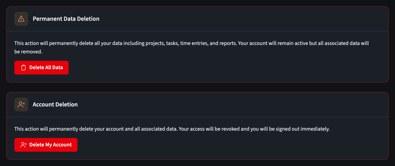 Danger zone with options to delete all data or delete the account