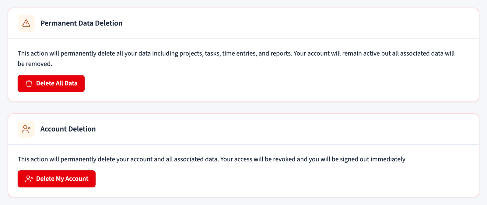 Danger zone with options to delete all data or delete the account