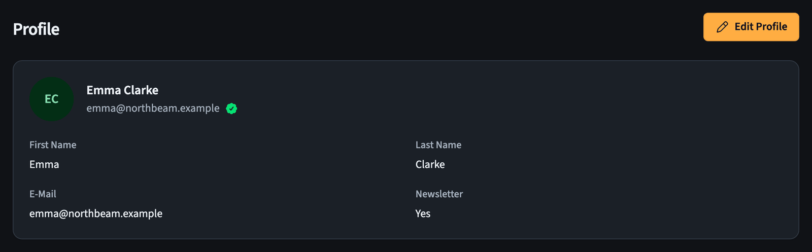 Profile details with avatar, name, email, and newsletter