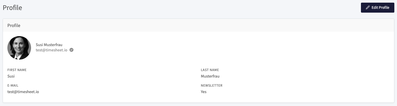 Profile details with photo, name, email, and newsletter