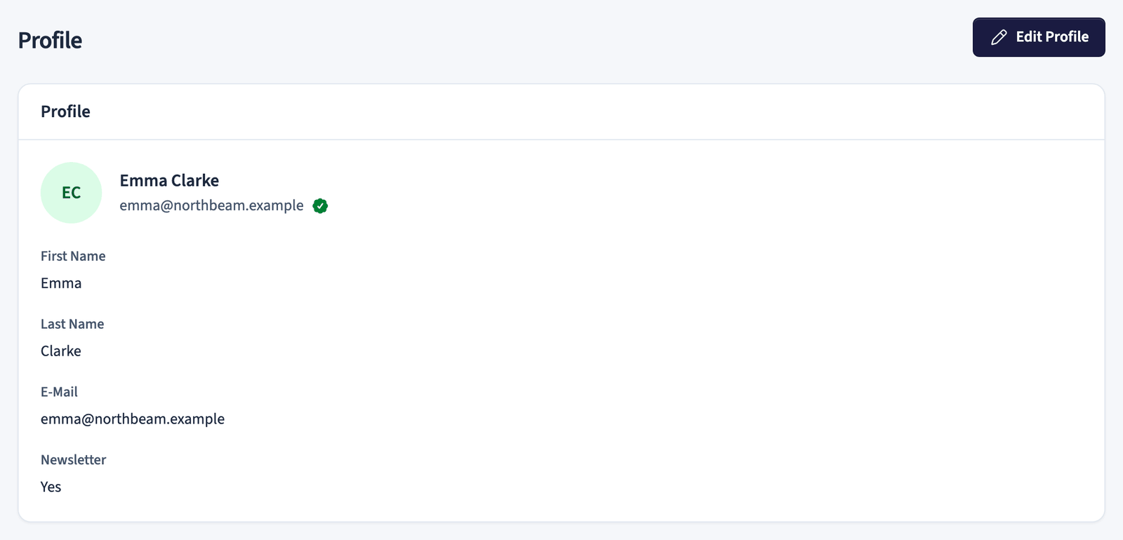 Profile details with avatar, name, email, and newsletter