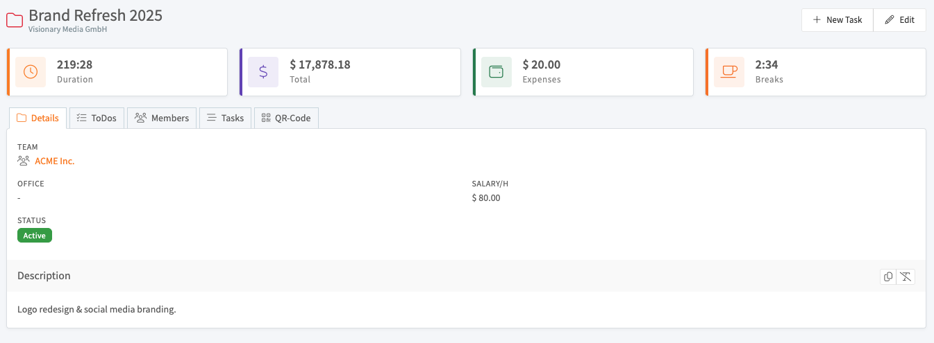 Project details with stat cards and tabs