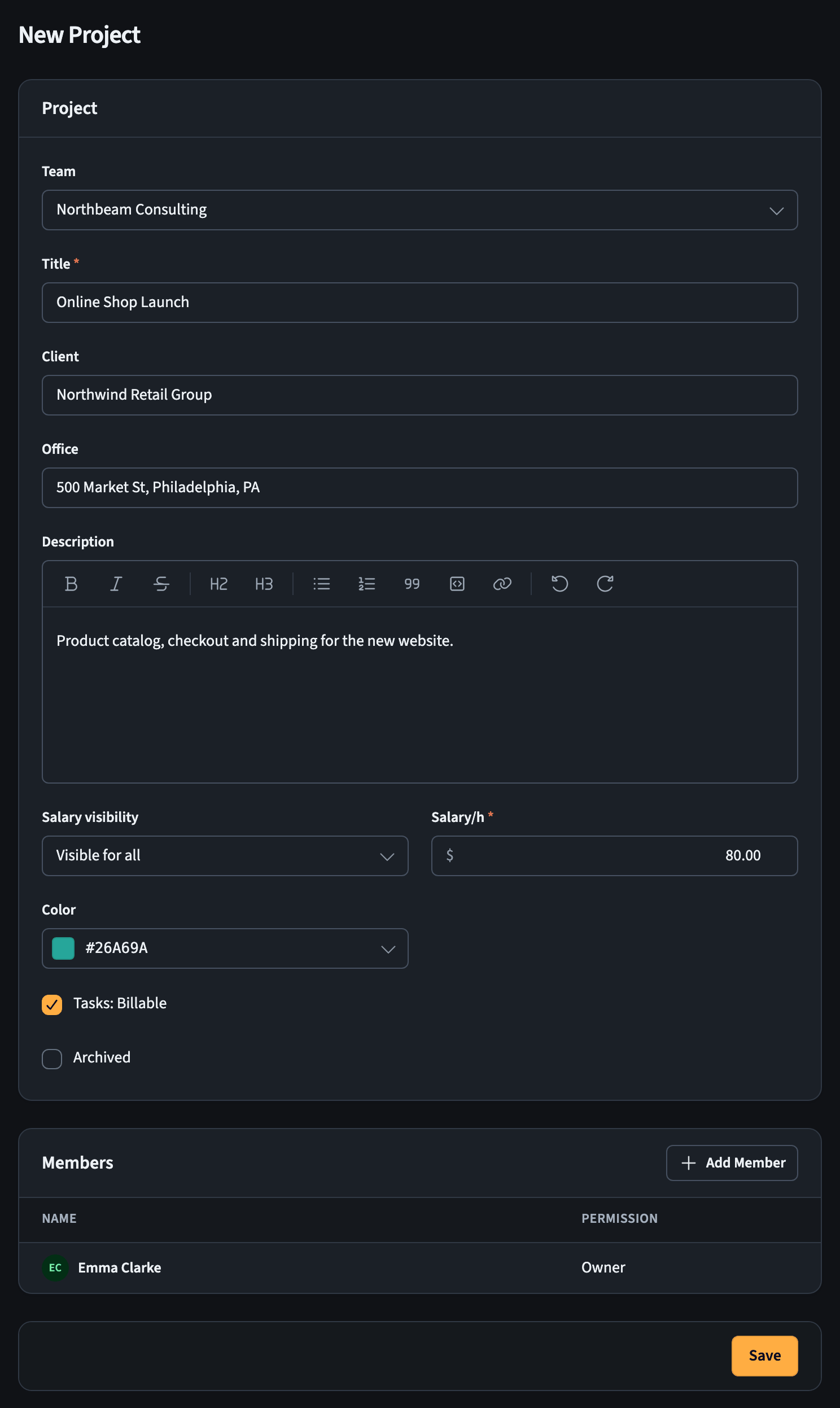 New project form with title, client, salary, and color fields