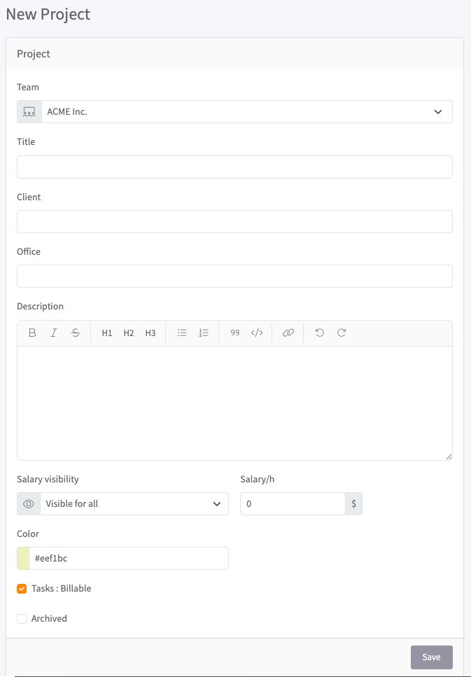 New project form with title, client, salary, and color fields