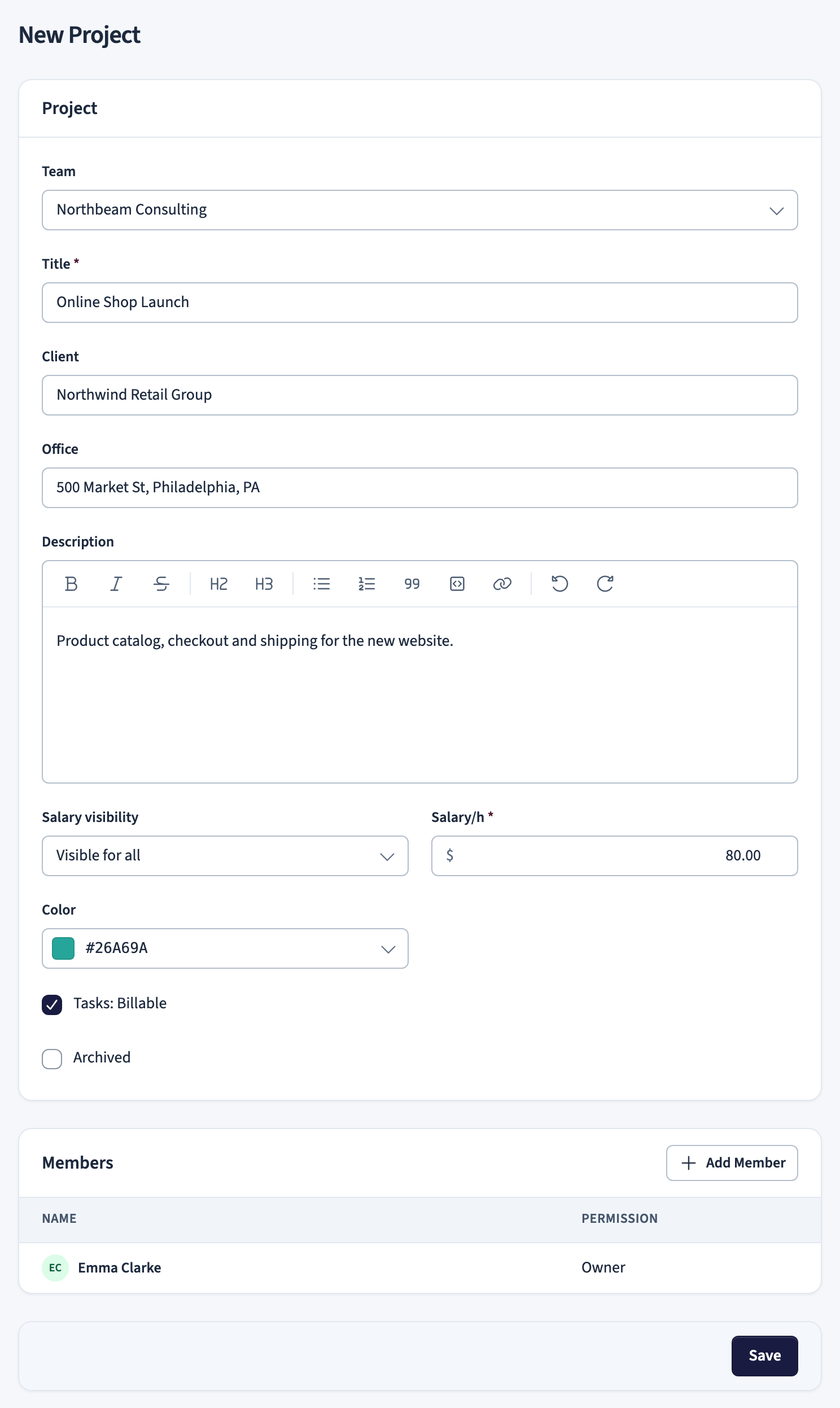 New project form with title, client, salary, and color fields