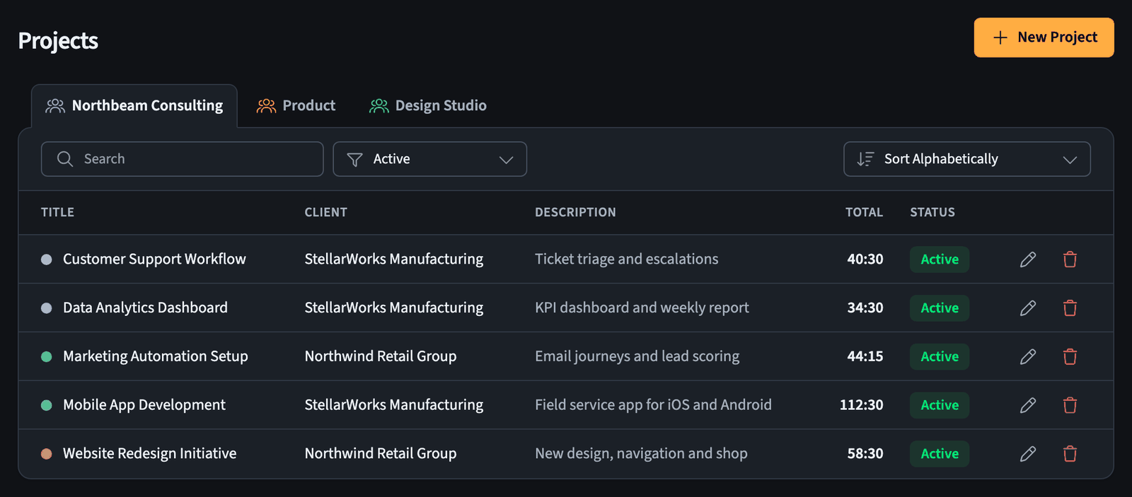 Projects list with team tabs, search, and status filter