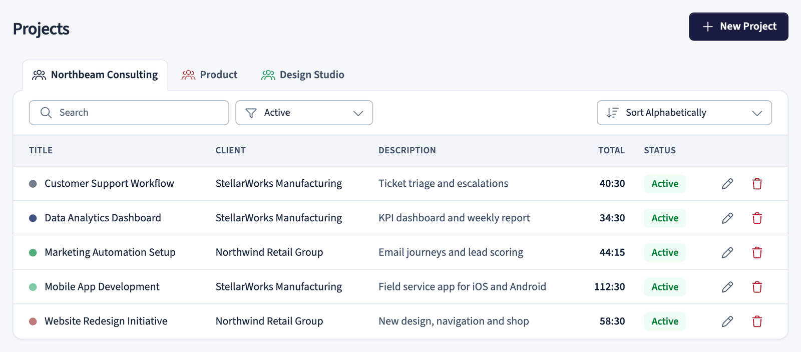 Projects list with team tabs, search, and status filter