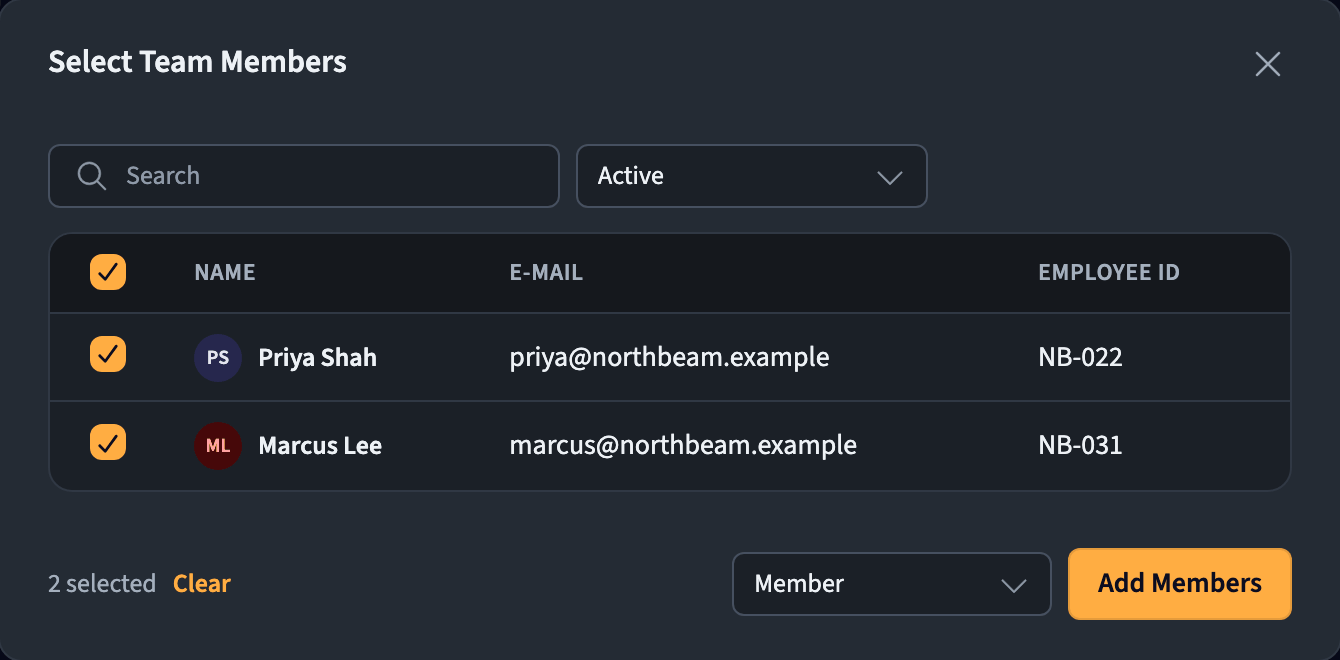 Select Team Members dialog with team members, a permission dropdown, and the Add Members button