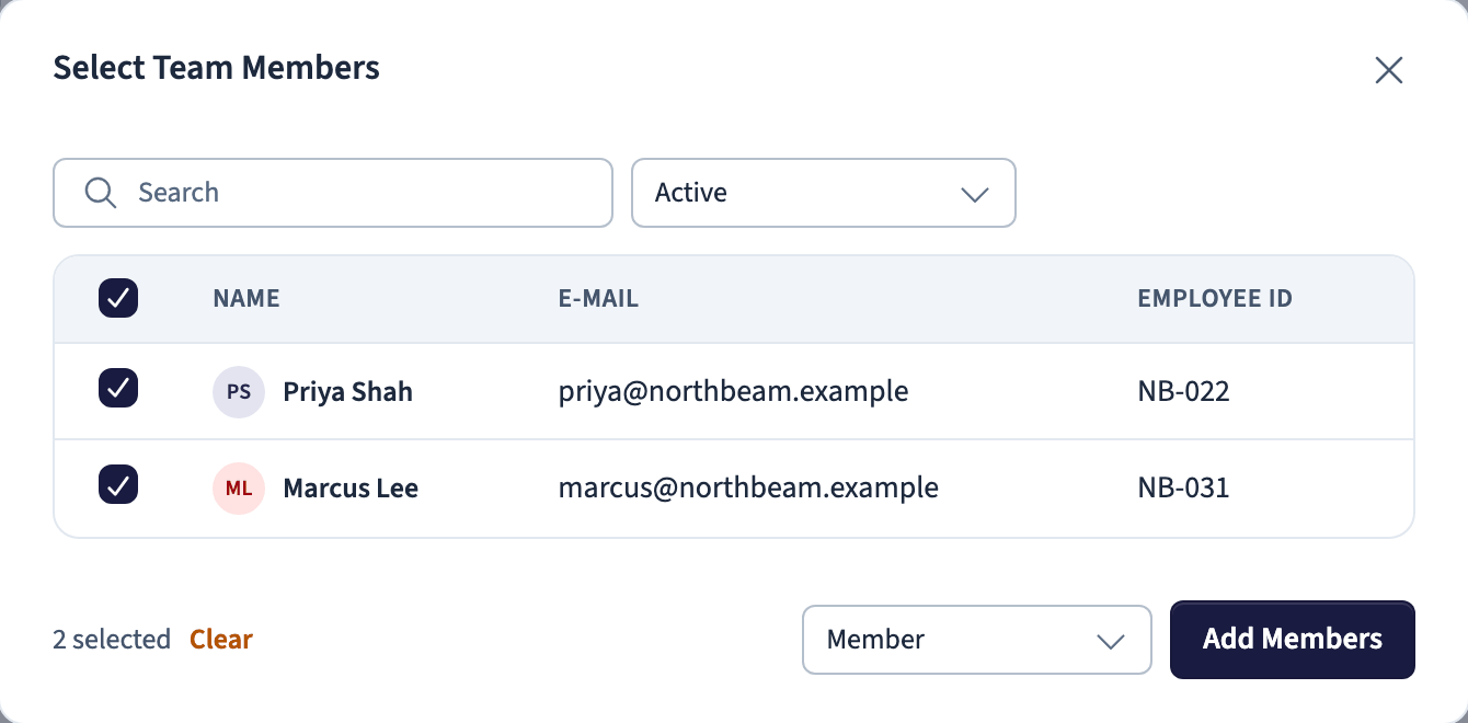 Select Team Members dialog with team members, a permission dropdown, and the Add Members button