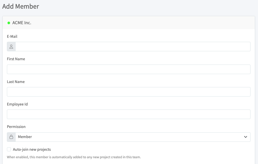 Add member form with name, employee id, and permission fields