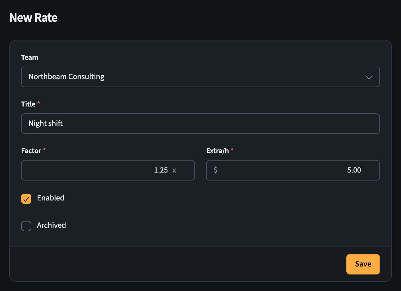 New Rate form with Team, Title, Factor, Extra/h, Enabled, and Archived fields