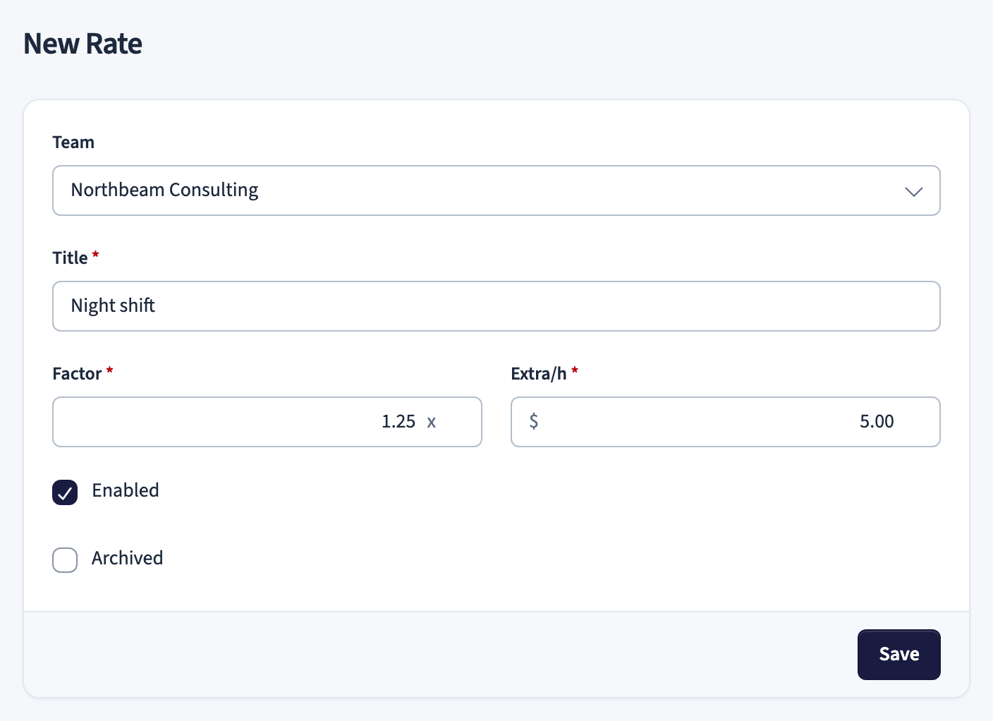 New Rate form with Team, Title, Factor, Extra/h, Enabled, and Archived fields