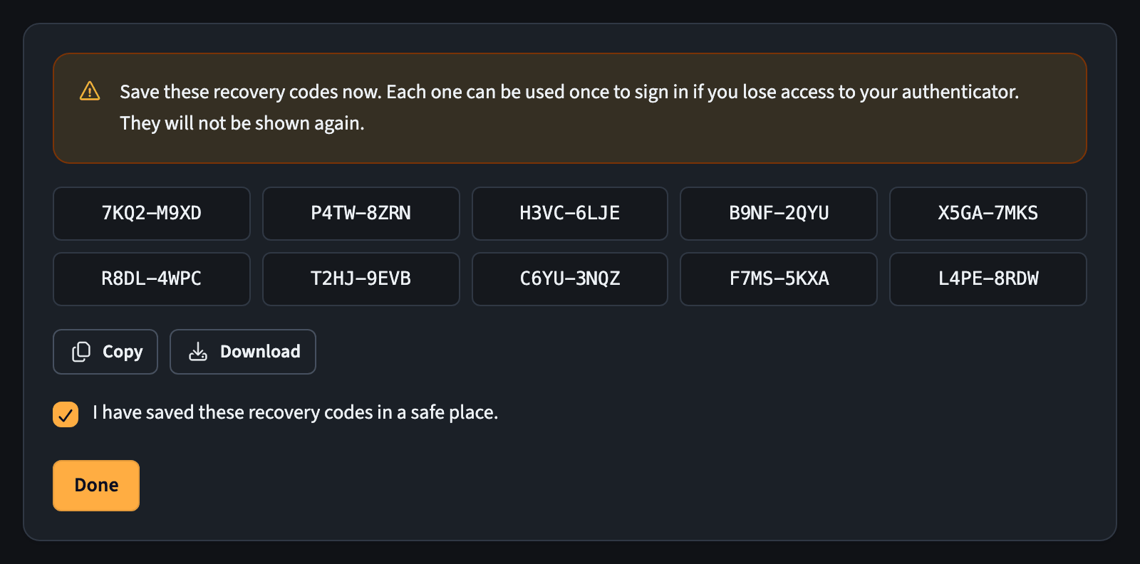 Recovery codes with copy and download buttons