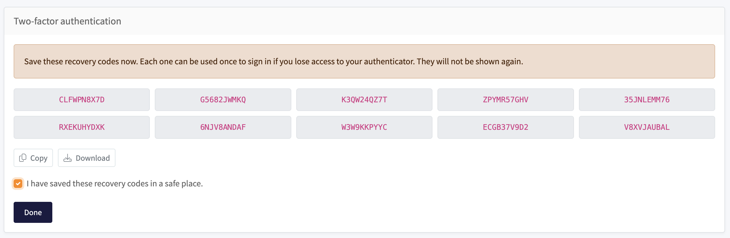 Recovery codes with copy and download buttons
