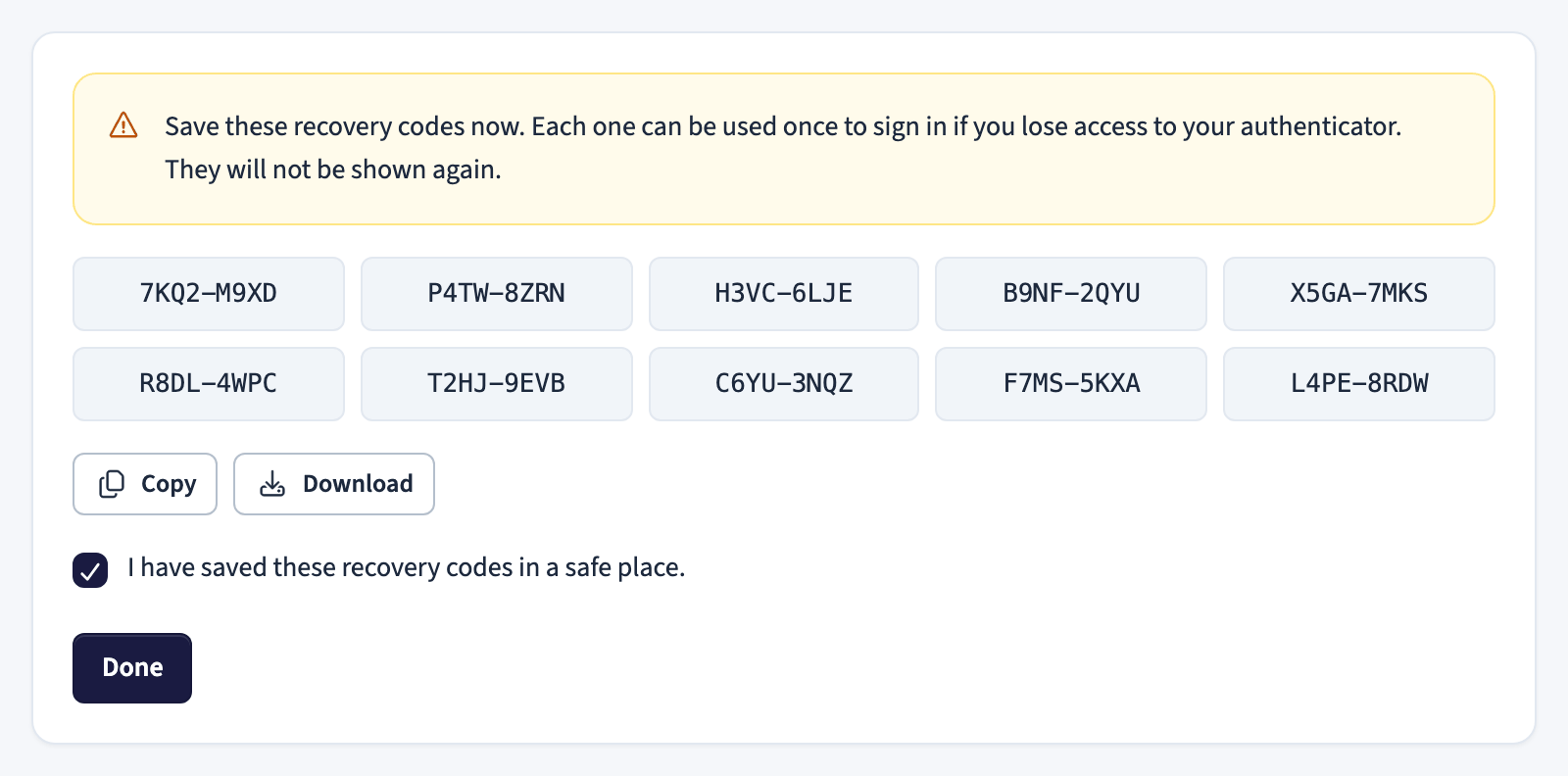 Recovery codes with copy and download buttons