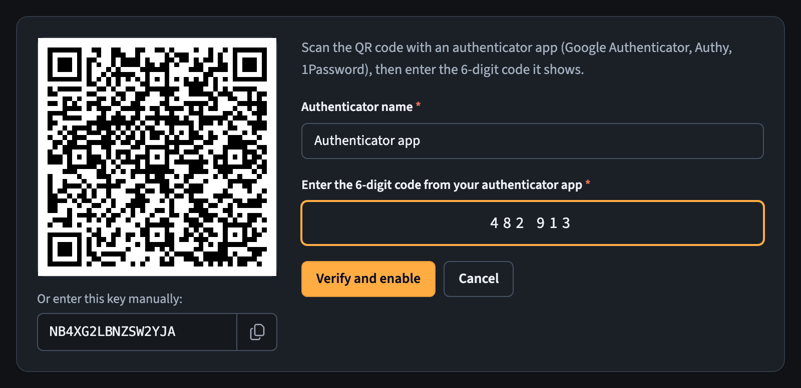 Two-factor setup with a QR code and a field for the 6-digit code