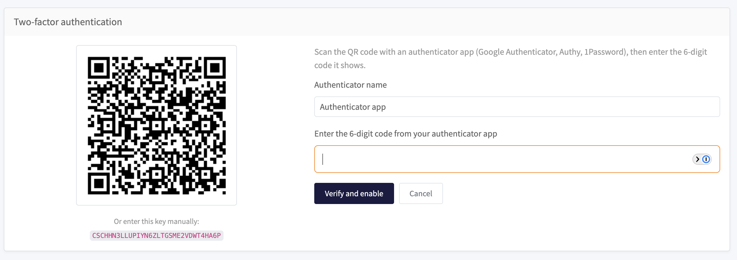 Two-factor setup with a QR code and a field for the 6-digit code
