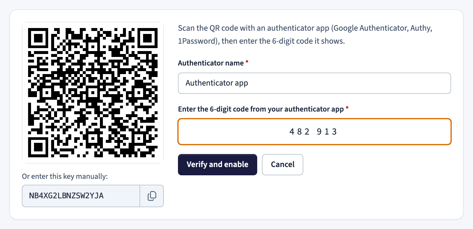 Two-factor setup with a QR code and a field for the 6-digit code
