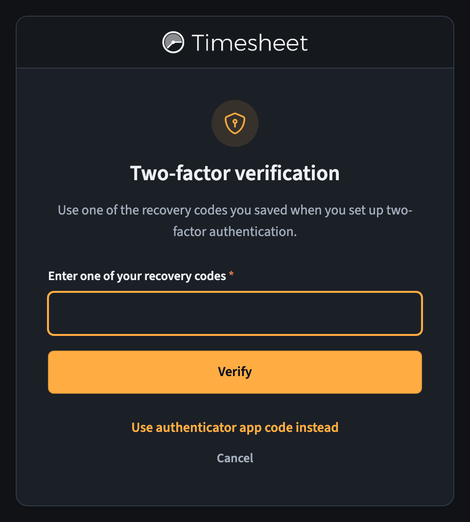 Sign-in step asking for a recovery code
