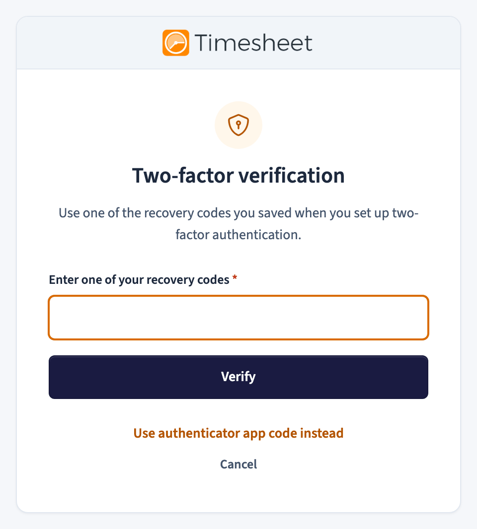 Sign-in step asking for a recovery code