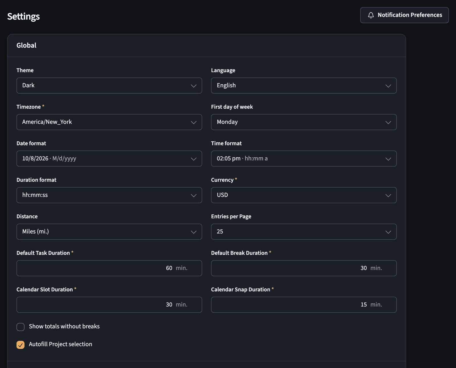 Global settings with theme, language, regional formats, currency, and default durations