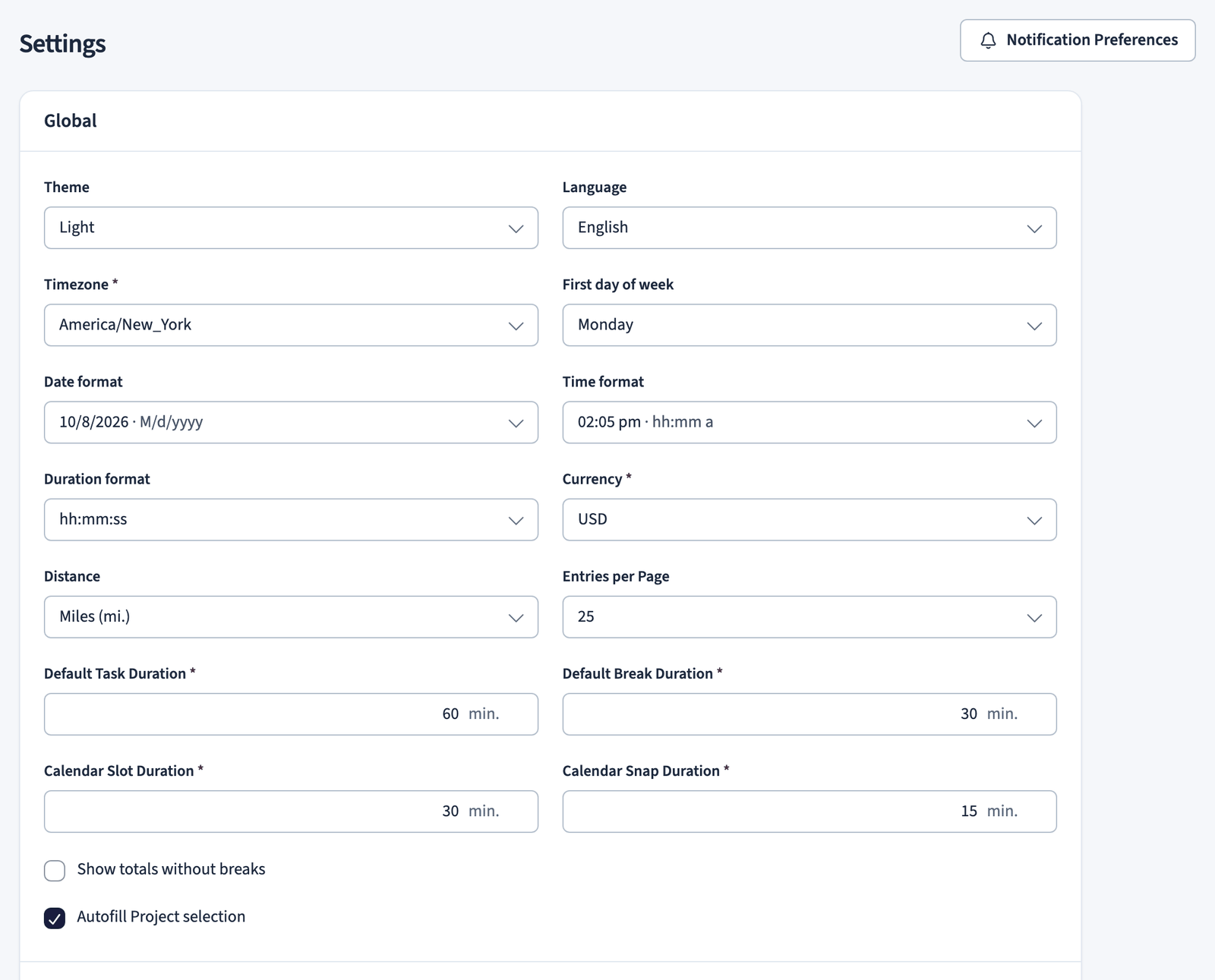 Global settings with theme, language, regional formats, currency, and default durations