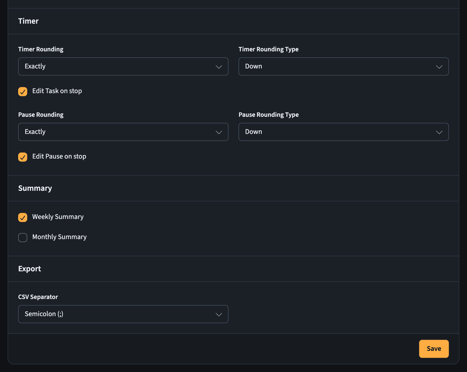 Timer settings with rounding options and edit on stop, plus summary and export options