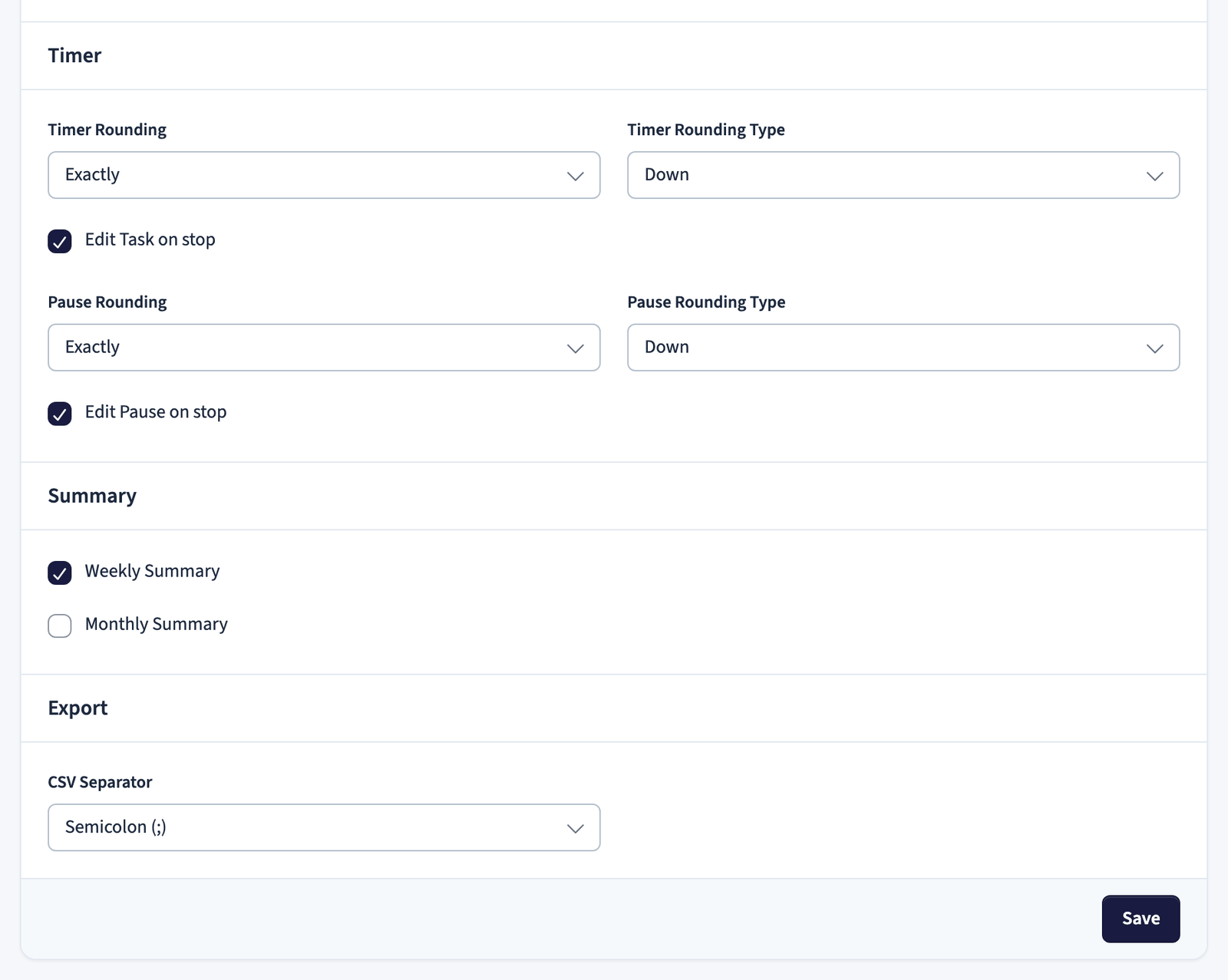 Timer settings with rounding options and edit on stop, plus summary and export options