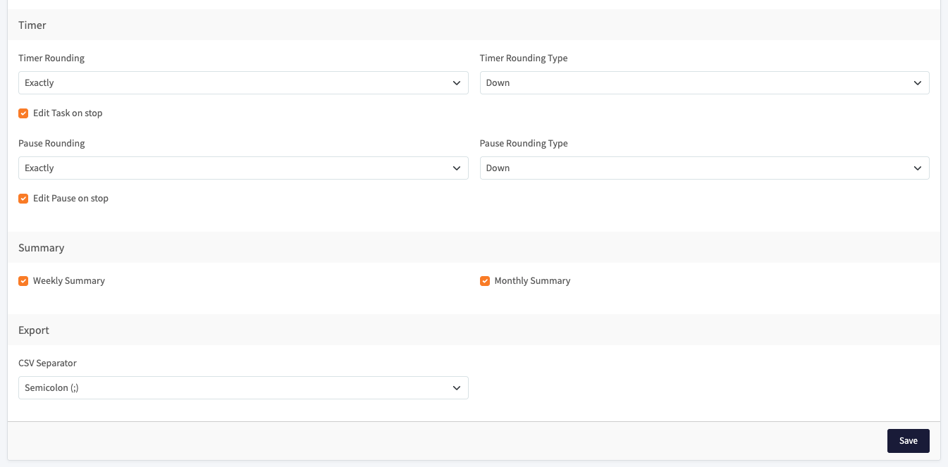 Timer settings with rounding options and edit on stop, plus summary and export options
