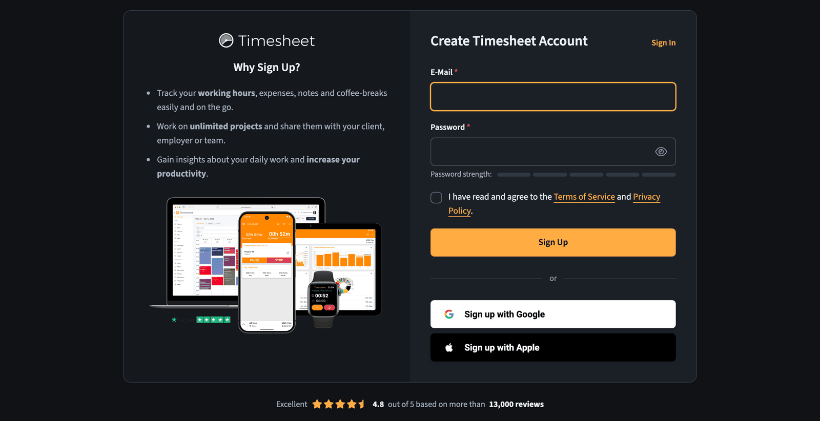The sign-up form of the web app