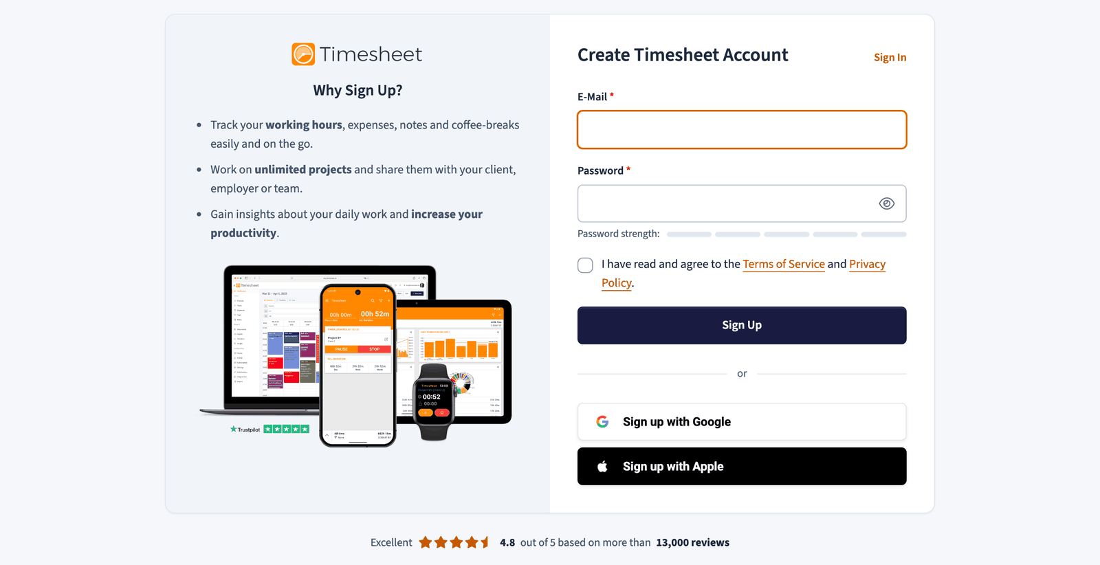 The sign-up form of the web app