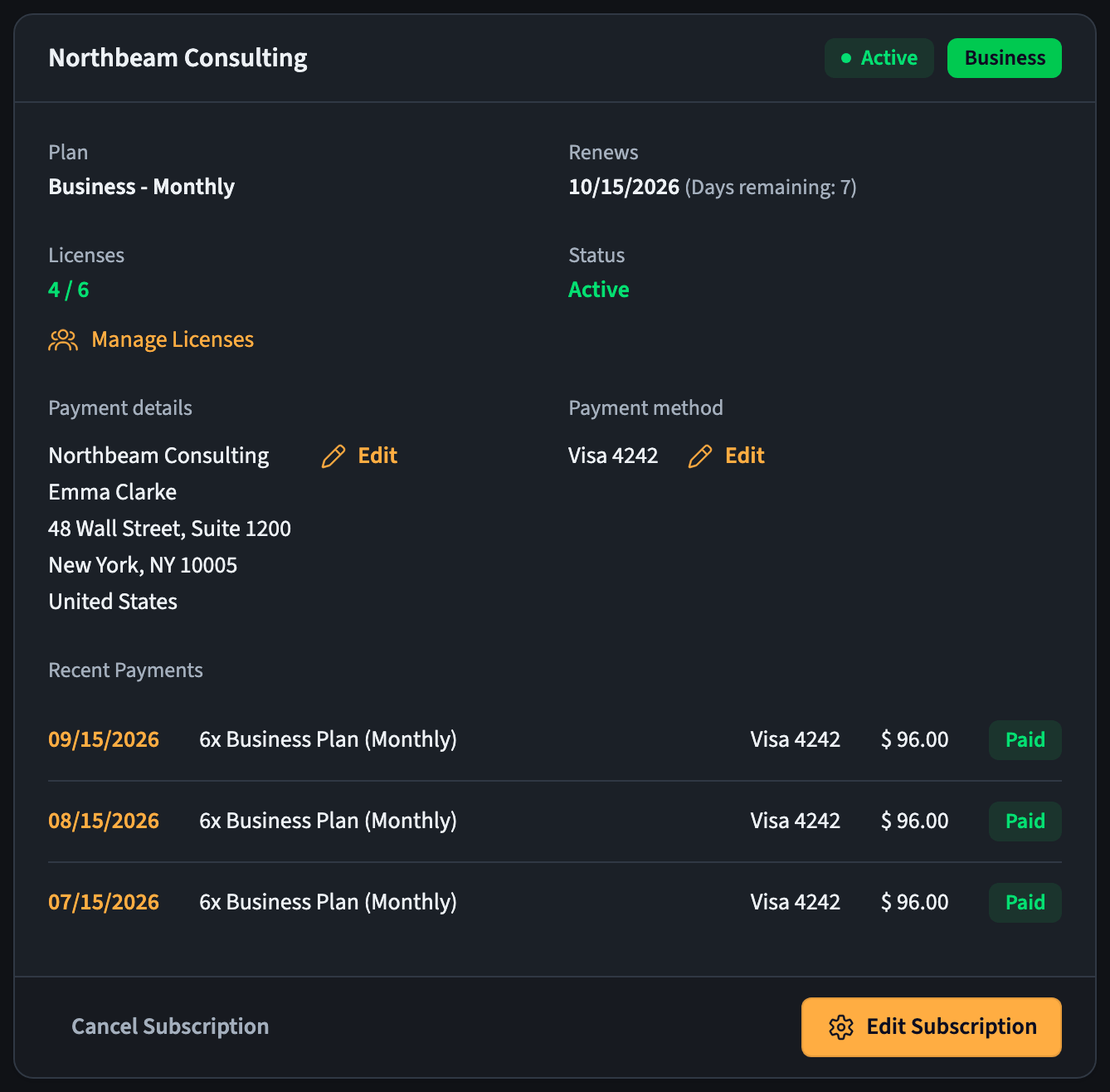 Subscription details with plan, licenses, payment details, and recent payments