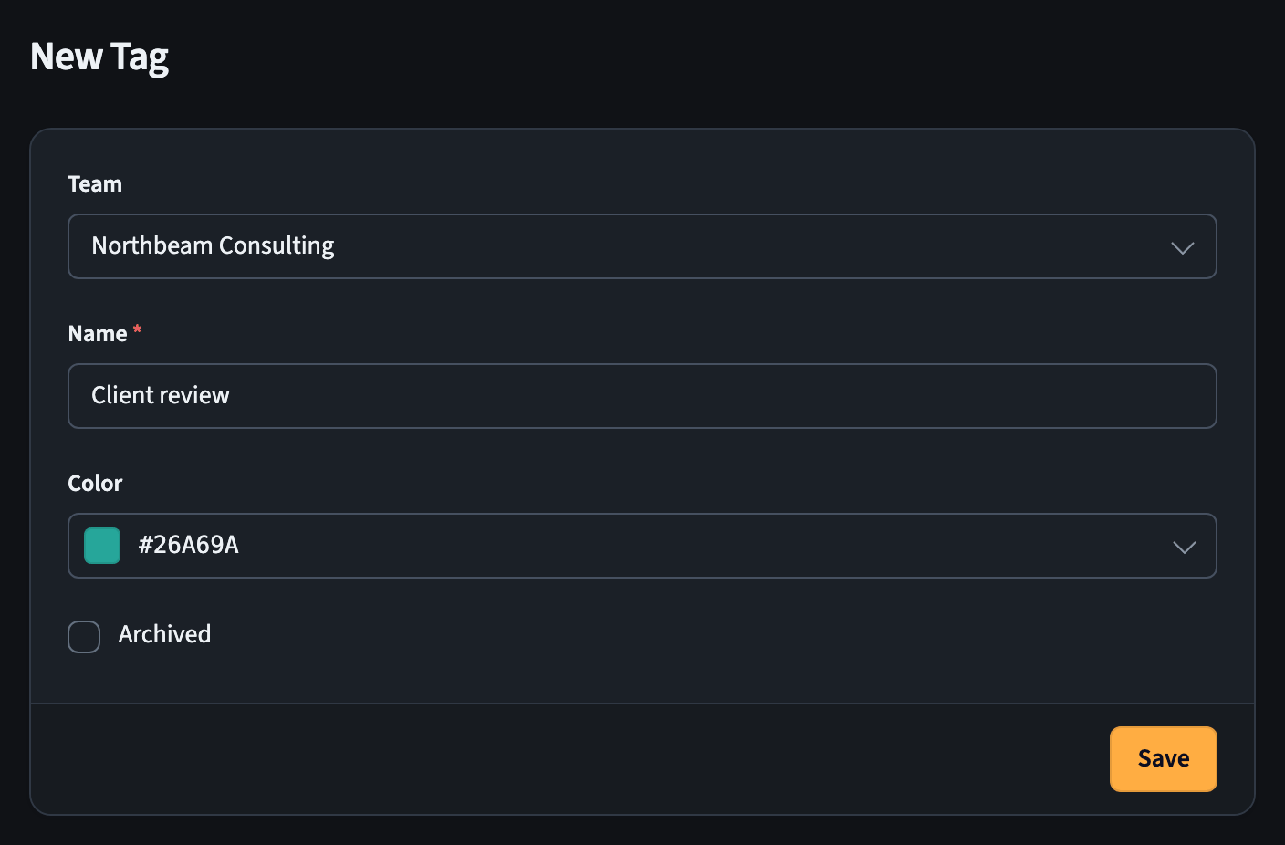 New tag form with team, name, color, and archived fields