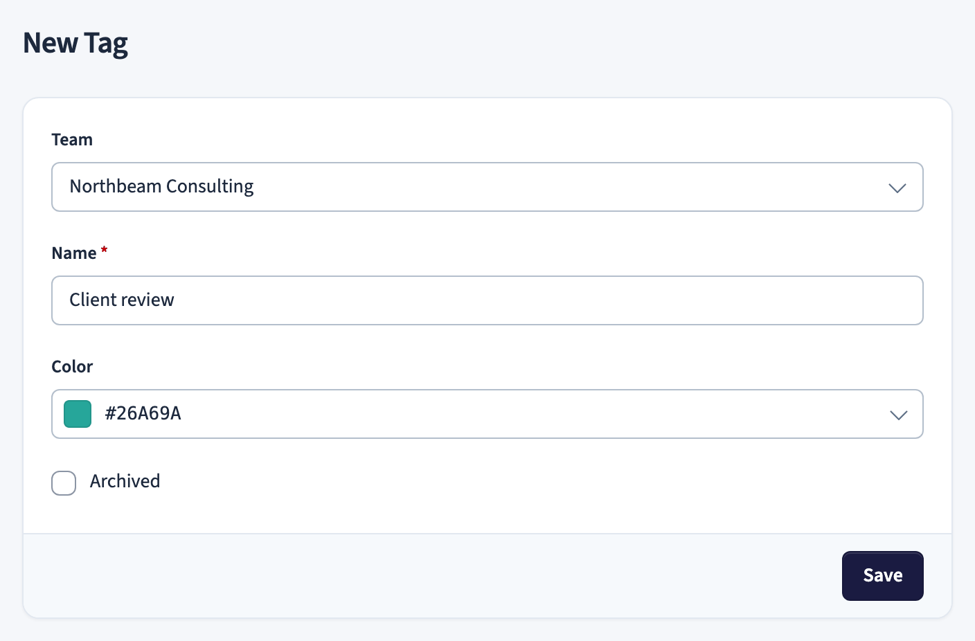 New tag form with team, name, color, and archived fields