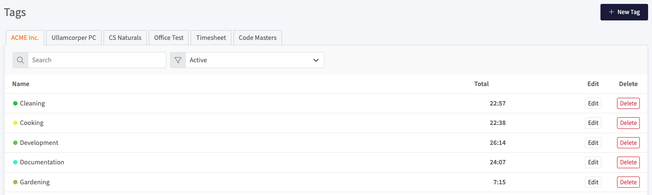 Tag list with team tabs, search, and a table of tags