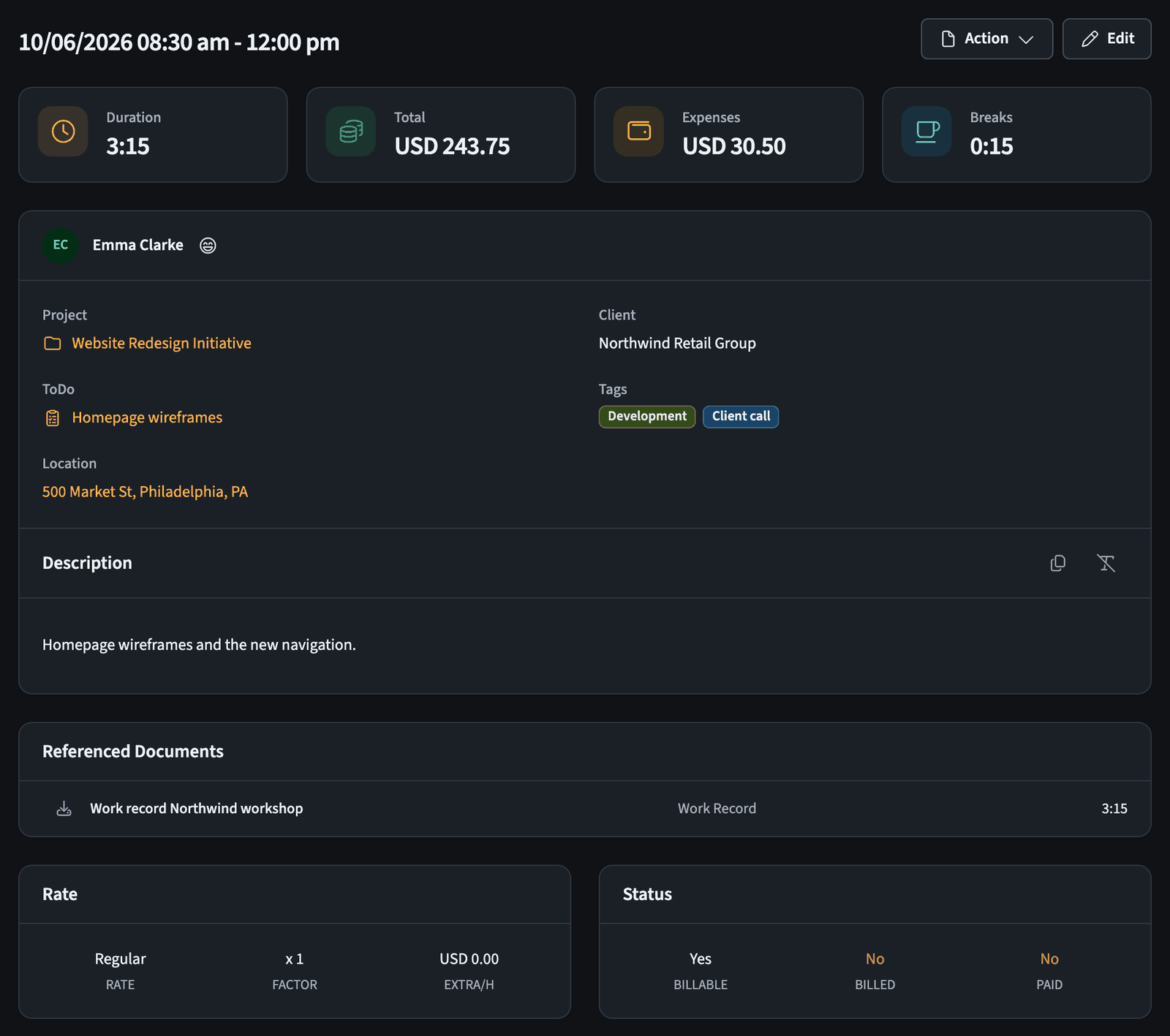 Task details view with summary cards, description, rate, and status